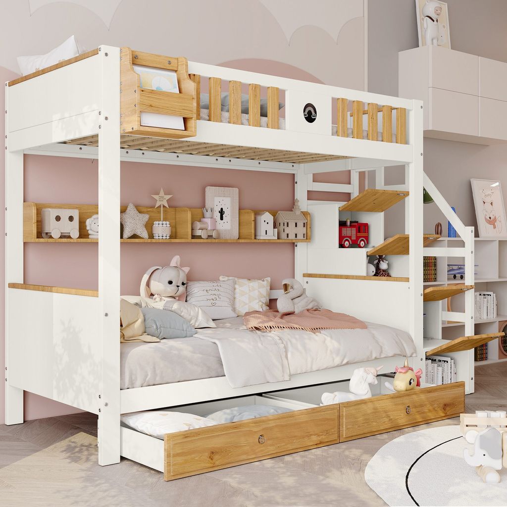 Etagenbett 90x200cm Kinderbett (Ohne Matratze) mit Treppe Produktbild 4