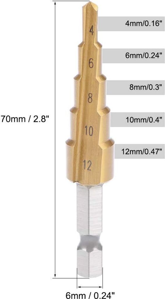 Stufenbohrer 4 mm bis 12 mm, 5 Größen, titanbeschichtet, gerade Nuten, Sechskantschaft für Metall, Holz, Kunststoff
