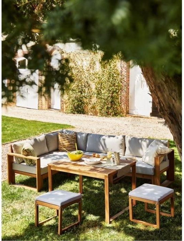Gartenmöbel-Set, LEVATA DINING, Akazienholz 7 Personen, Leinen Grau, Modulares Ecksofa, Inklusive Abdeckung