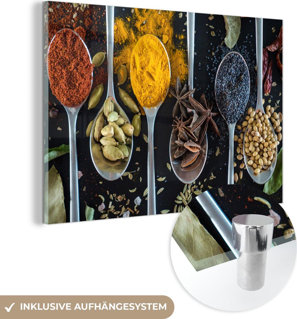 MuchoWow Glasbilder - Bilder auf Wandbild - Foto auf Glas Löffel - Gewürze - Kräuter - Essen - Tisch 120x80 cm Wanddekoration aus Glas - Acrylgl...
