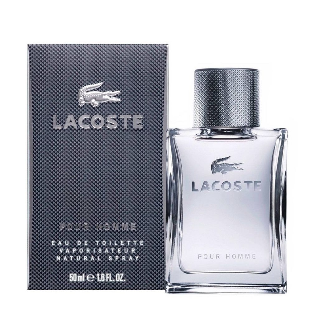 A bottle of Lacoste Pour Homme eau de toilette and its packaging are shown against a white background.