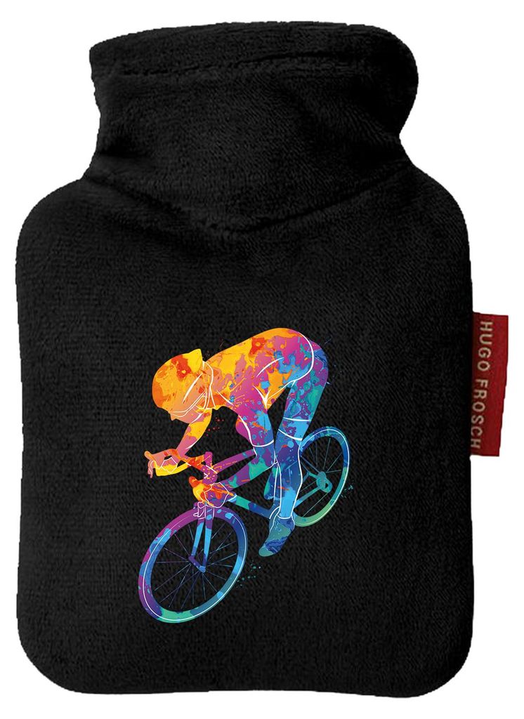 Huuraa Mini-Wärmflasche Radsport bunte Silhouette 0,2 Liter Black Mini Veloursbezug Taschenwärmer Geschenkidee