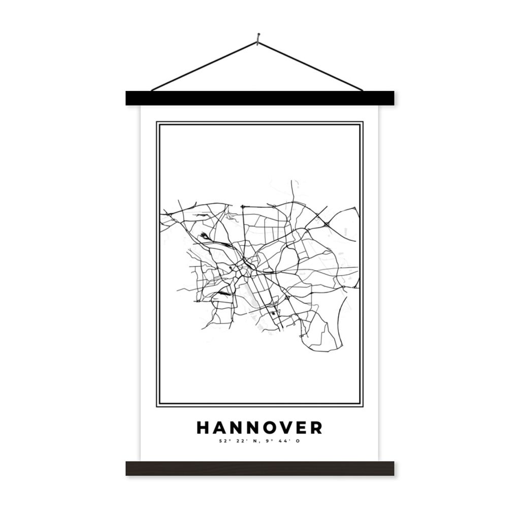 MuchoWow Textilposter Stadtplan - Schwarz-weiß - Karte - Hannover - Deutschland - Karte 120x180 cm mit schwarzem Rahmen - Fotos