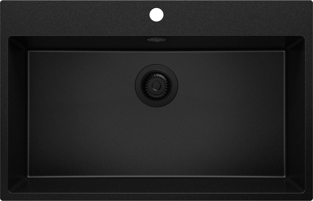 A top-down view of a black granite kitchen sink with a single basin and a drain assembly.