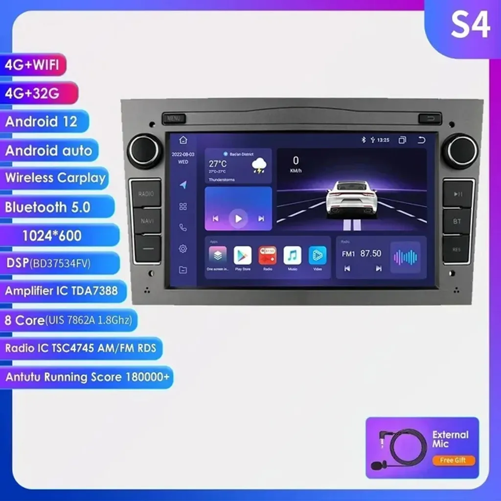 Autoradio Android 12 avec Carplay et GPS S4 Gris pour Voiture Moderne