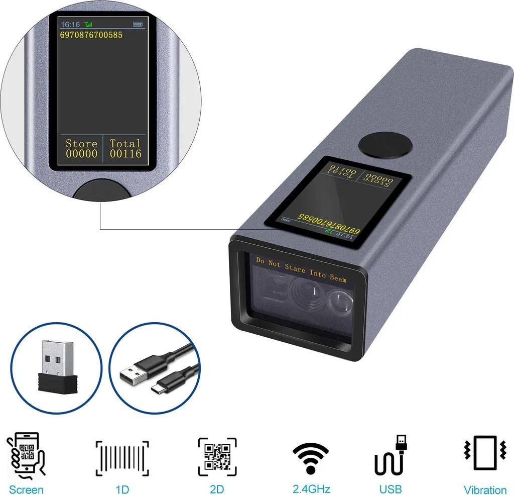 Douchette QR Code 2D Sans Fil Bluetooth avec Écran et Retour Vibration