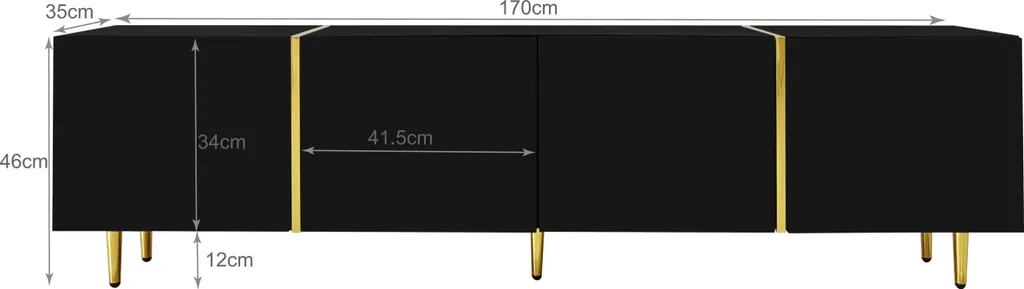 Banc TV moderne de 170 cm en MDF noir et doré, buffet bas de salon