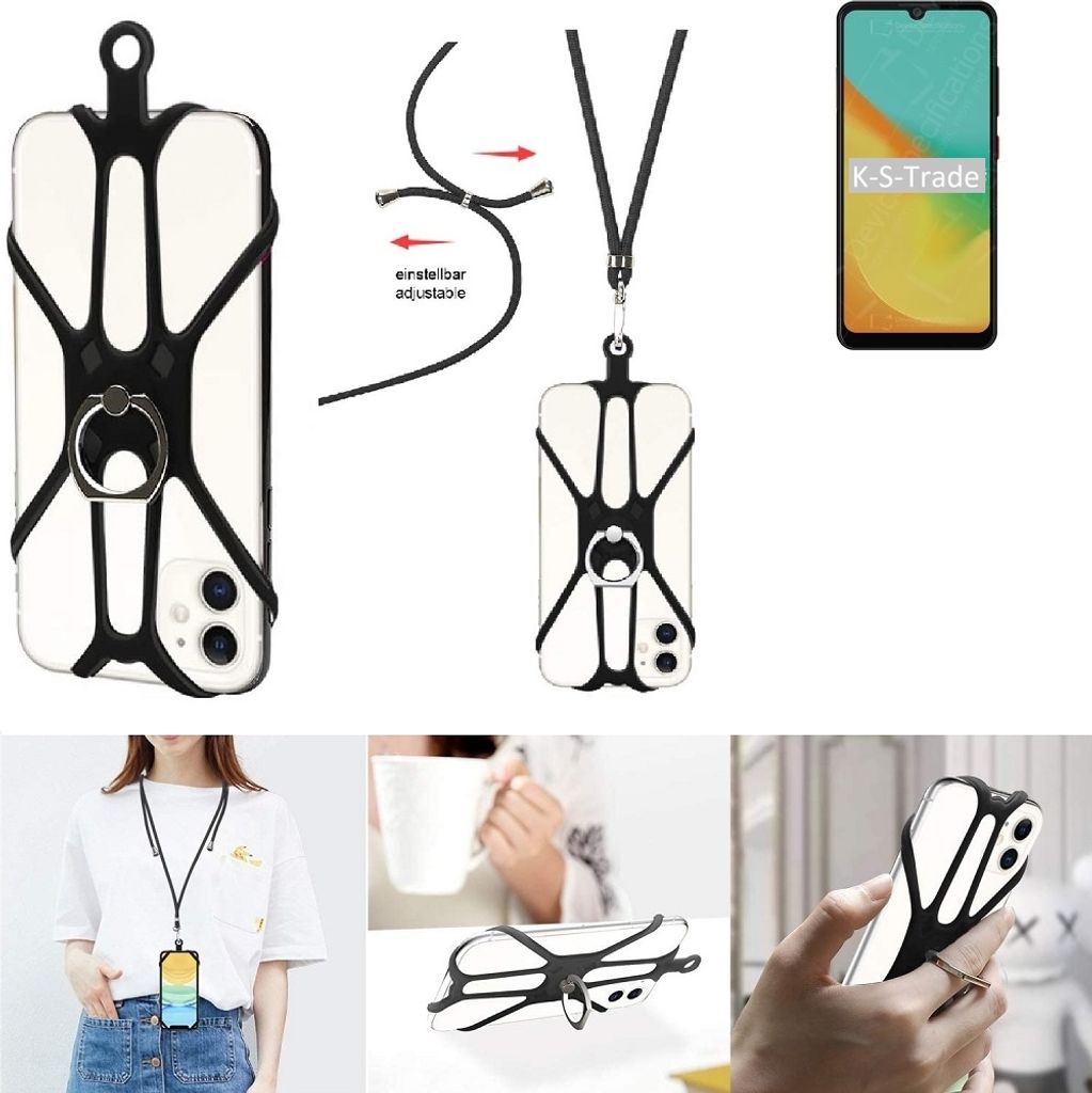 K-S-Trade 3in1 Handykette Handyband Handykordel Halsband Smartphone-Ring Handy-Ring kompatibel mit ZTE Blade A7 Helio P60 Fingerhalterung Handyring