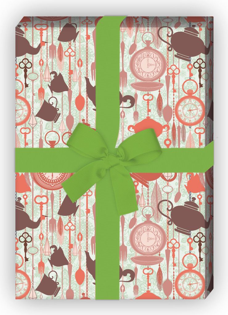 Zauberhaftes Teekannen Wunderland Geschenkpapier mit Uhren, rot braun - G10084, 32 x 48cm
