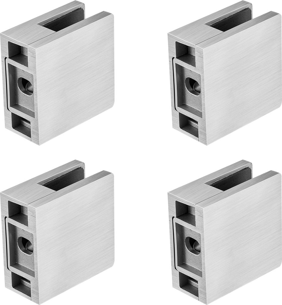 Four identical stainless steel glass clamps are arranged in a 2x2 grid on a white background.