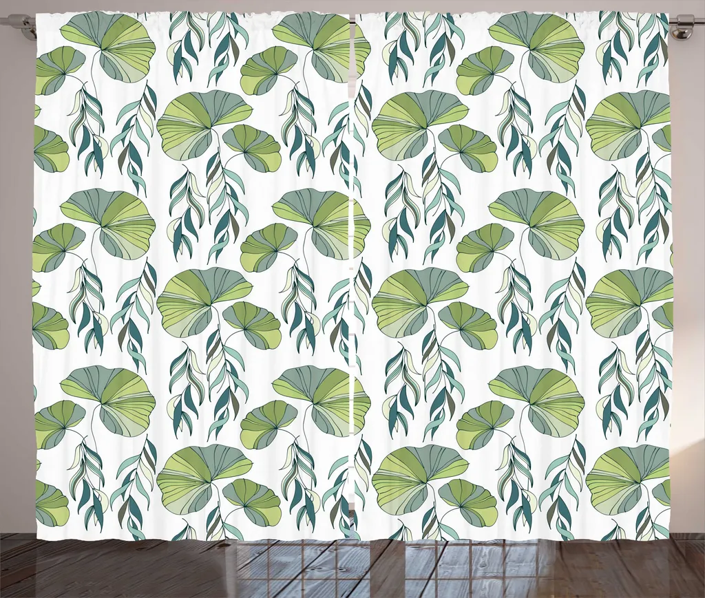 ABAKUHAUS Tenda rustica con foglie asiatiche, foglie di ninfea, tenda con nastro arricciato per camera da letto con passanti e ganci, 280 x 175 cm, verde chiaro