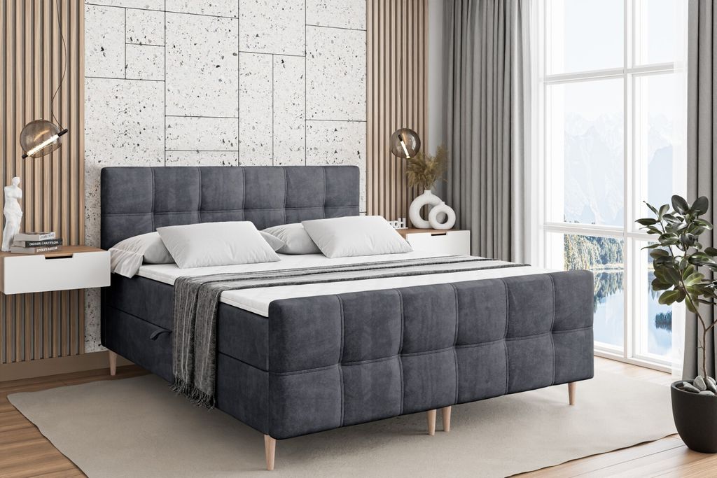 ALTDECOR Boxspringbett mit Holz Füßen, Matratze und Lattenrost, Topper, Fußteil, Polsterbett mit Bettkasten, Bett mit Stauraum H4-Matratze, Dopp...