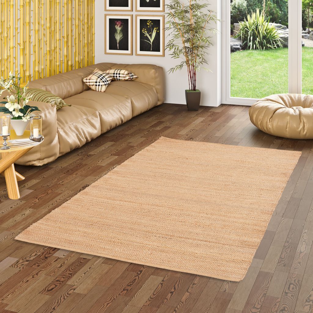 Naturfaser Teppich Handgefertigt Jute Salsa Beige Uni, Größe:80x150 cm