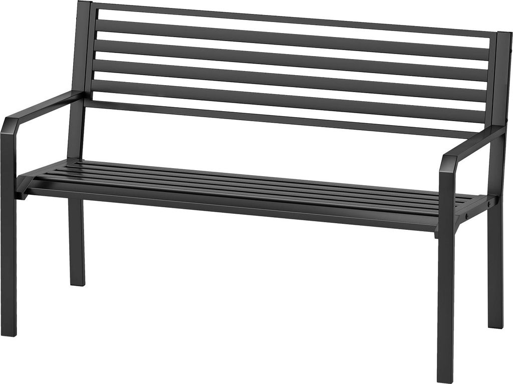 A black metal garden bench with armrests and a slatted back and seat, shown from the front on a white background.
