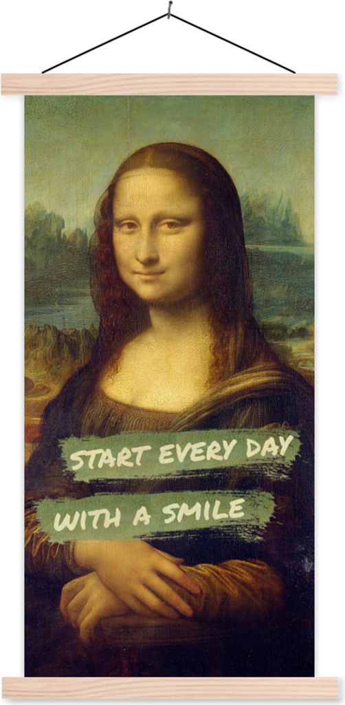 MuchoWow Textilposter Mona Lisa - Zitat - Da Vinci 40x80 cm mit holzfarbenen Rahmen - Wohnzimmer