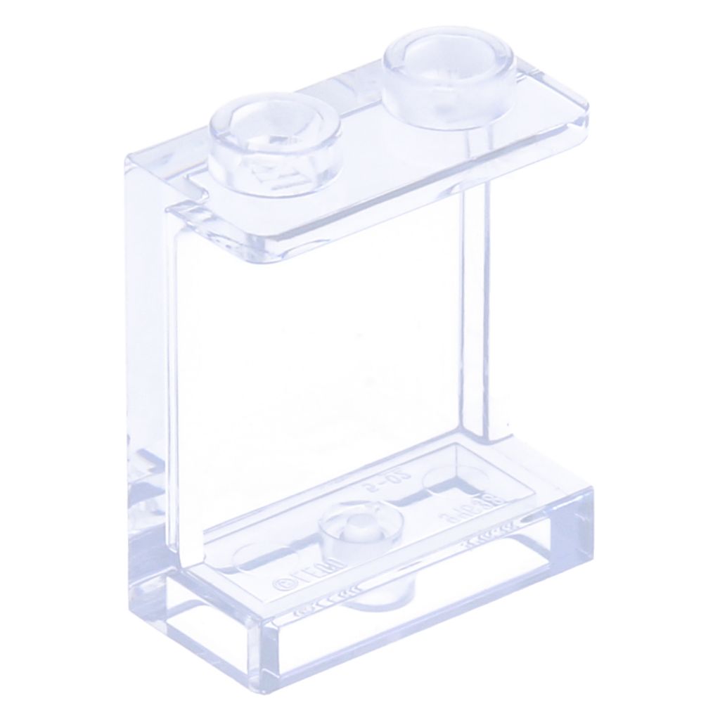 A clear, well-lit studio shot of a transparent LEGO brick.