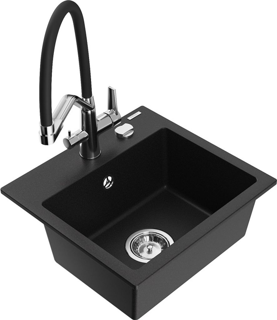 Mexen Milo 1-Becken-Granitspüle mit Mischbatterie Duo, Schwarz - 6505-77-671701-07