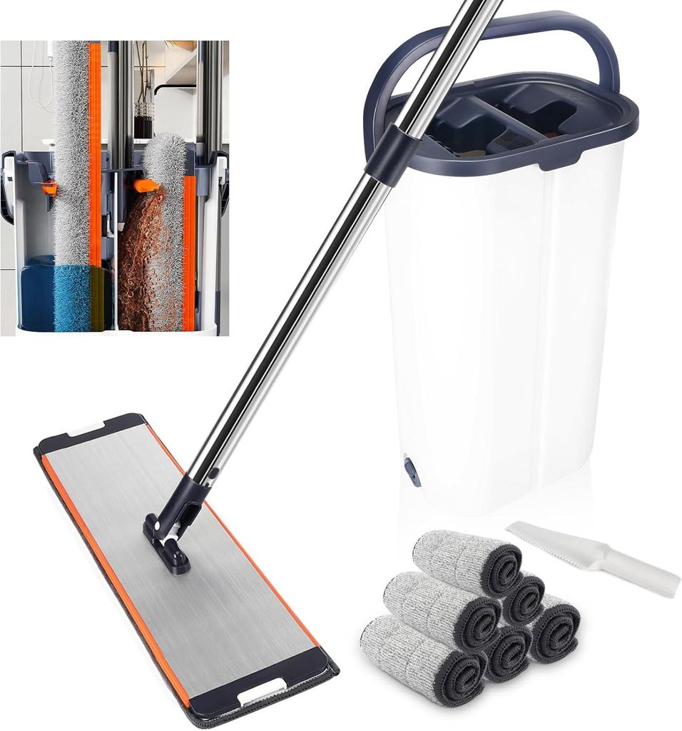 Bodenwischer, Wischmopp Set mit Eimer, Großer Flachmopp, 360° drehbarer Profi Wischmopp, Nass- und Trockengebrauch für Alle Böden