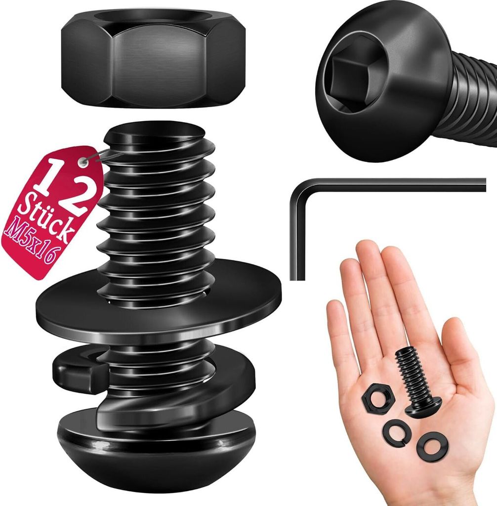 12 Stück M5x16 Schrauben, Linsenkopfschrauben Muttern und Unterlegscheiben Sortiment Kit, Edelstahl A2 V2A, Innensechskant, Vollgewinde, Schwarzoxid