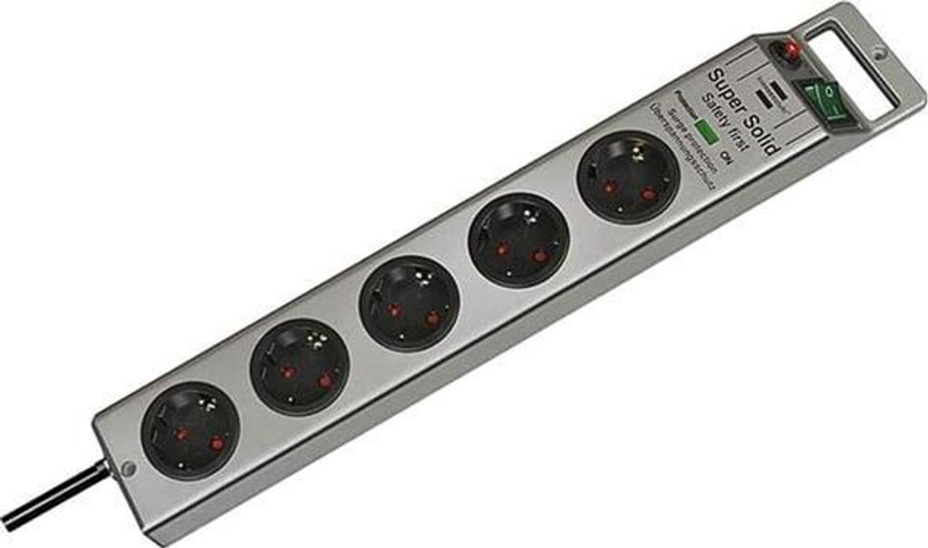 A silver power strip with five outlets is shown against a white background.