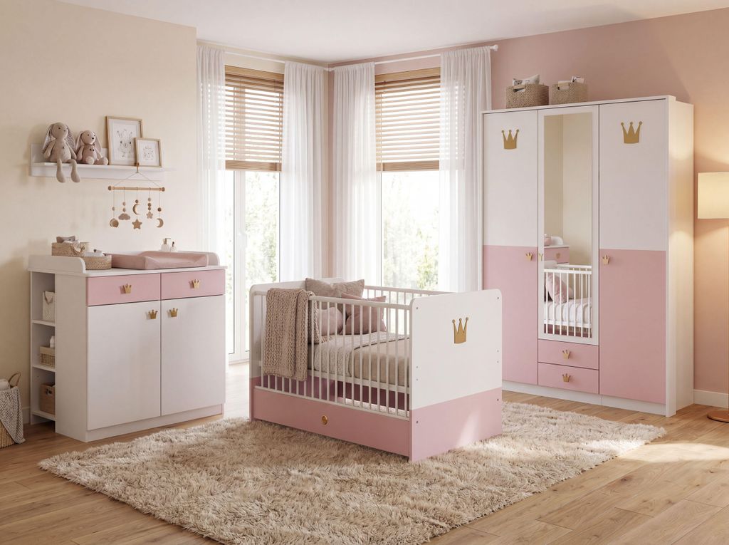 komplett Babyzimmer Cindy 7 teiliges Komplett Set in Weiß Produktbild 