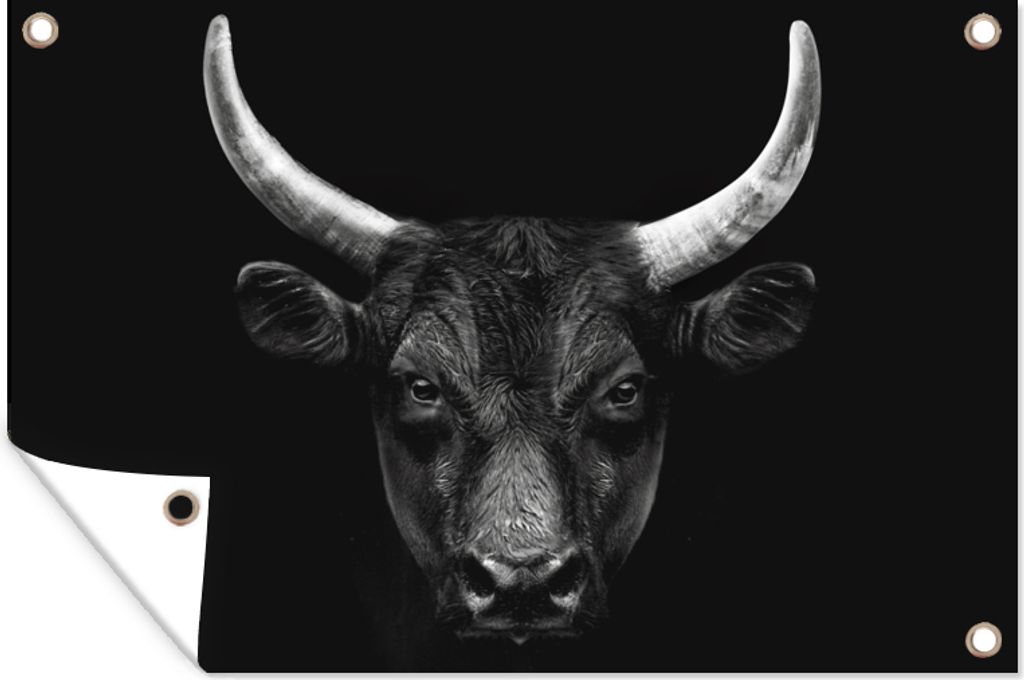 MuchoWow 90x60 cm Outdoor-Poster Gartendeko Sichtschutz Garten Poster für den Garten Tiere - Stier - Schwarz - Weiß - Porträt