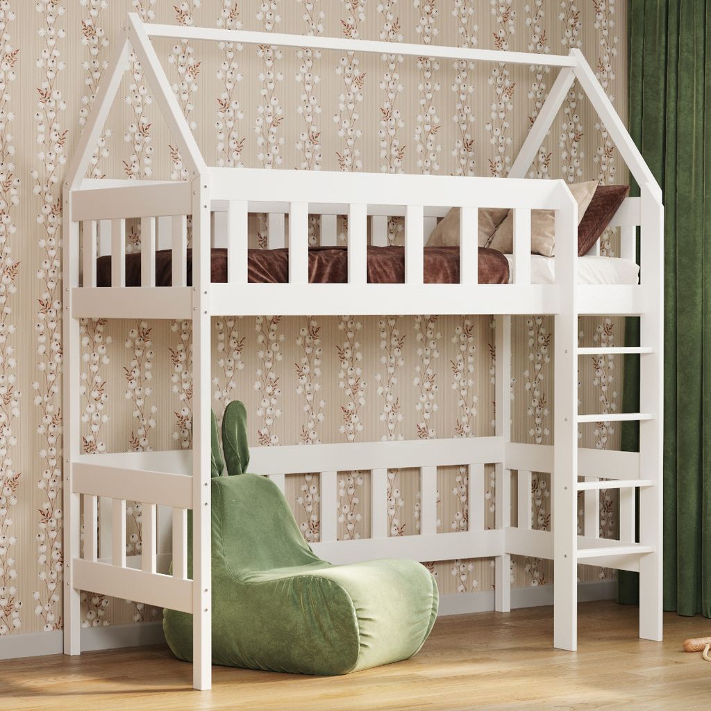 Loft Bed Hausbett Etagenbett Kinder Hochbett Mit Treppe Kinderhochbett Hoch Bett Erwachsene Jugendliche, 80x180 weiß