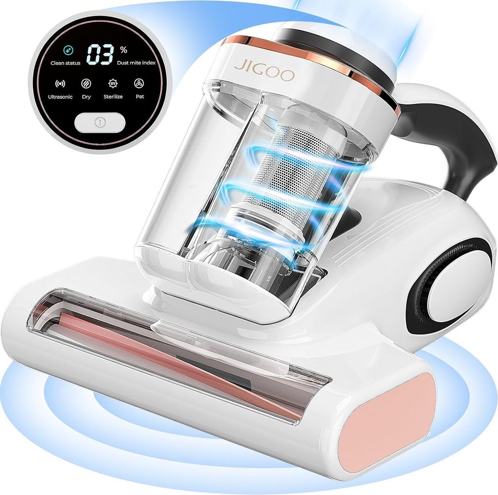 A white JIGOO J300 mattress vacuum cleaner is shown against a white background with blue swirling lines indicating airflow and a circular display showing cleaning status.