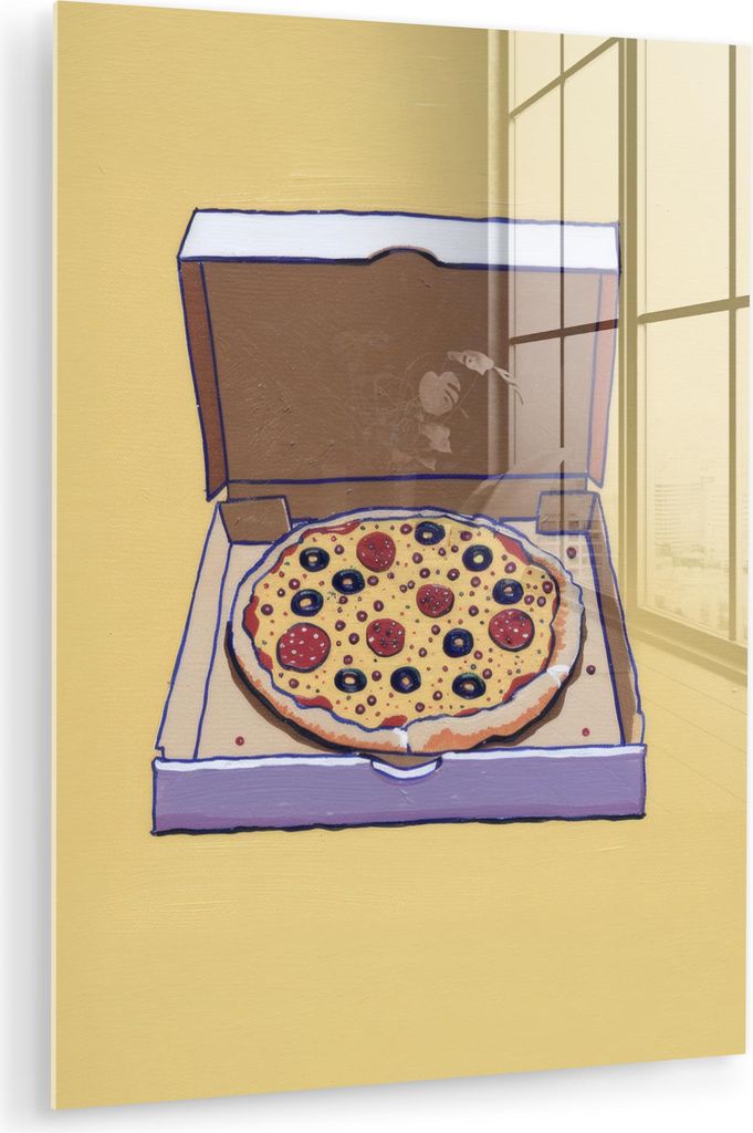MuchoWow Glasbilder - Bilder auf Wandbild - Foto auf Glas Pizza - Schachtel - Salami - Illustration 60x80 cm Wanddekoration aus Glas - Acrylglasbil...