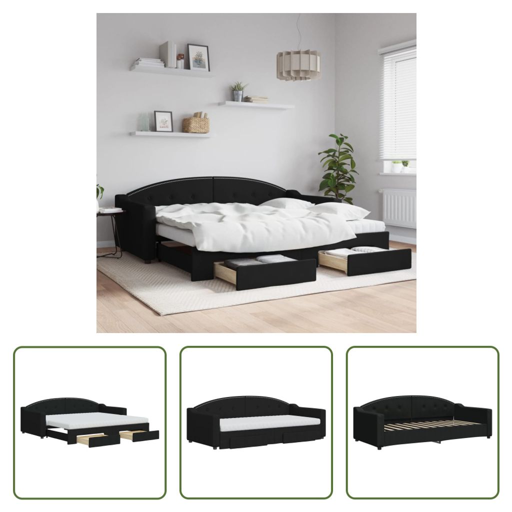 The Living Store Tagesbett Ausziehbar mit Schubladen Schwarz 90x200 cm Stoff