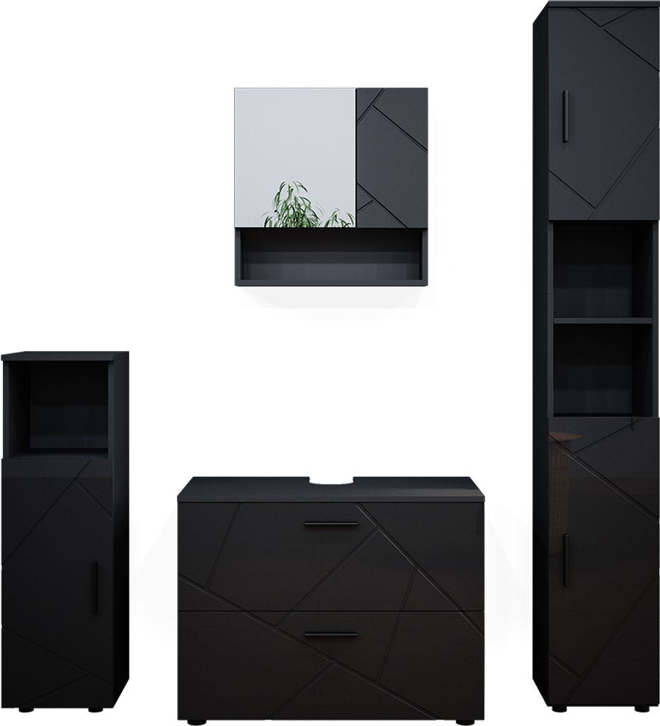 Badmöbel-Set Vicco Irma Anthrazit Hochglanz 4 Teile, mit Schubladenschrank und Hochschrank, Model 38077
