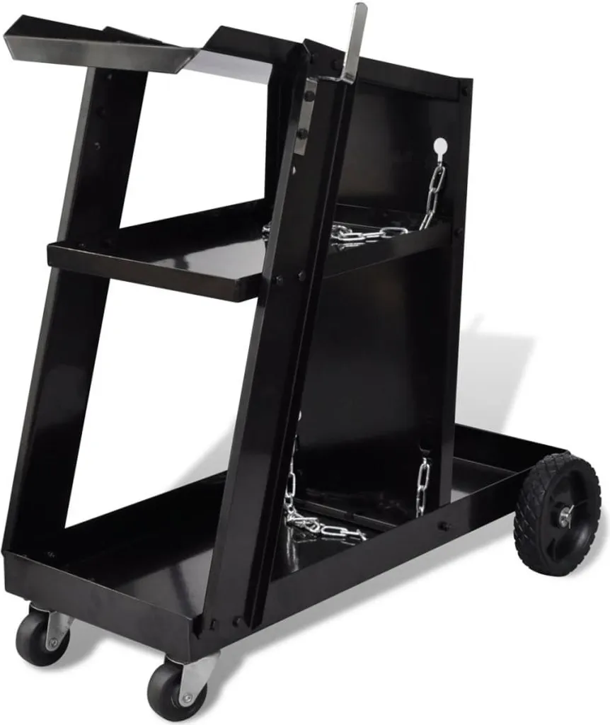 Chariot de soudage noir avec 3 étagères et support bouteille de gaz