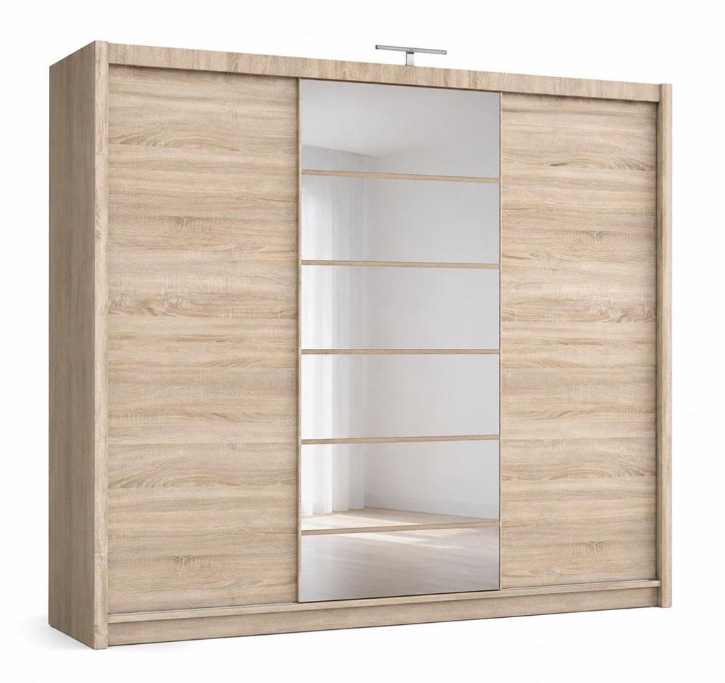 Kleiderschrank MALIBU 250 cm – Schwebetürenschrank mit Glas und Spiegel, großer Schlafzimmer Schrank (Sonoma)