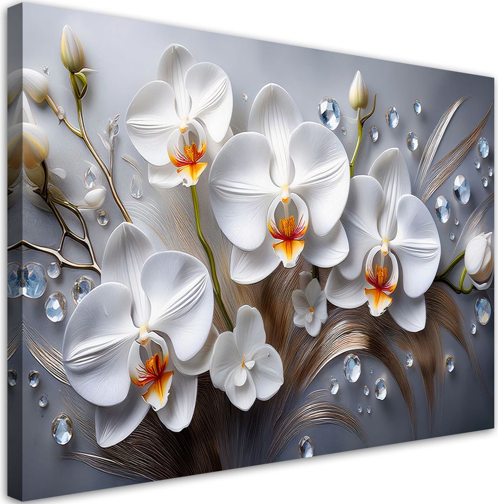 Leinwandbild Orchideenblüte Weiß 3D Gemalte 120x80 Feeby Weiß bild für die wand bereit zum aufhängen