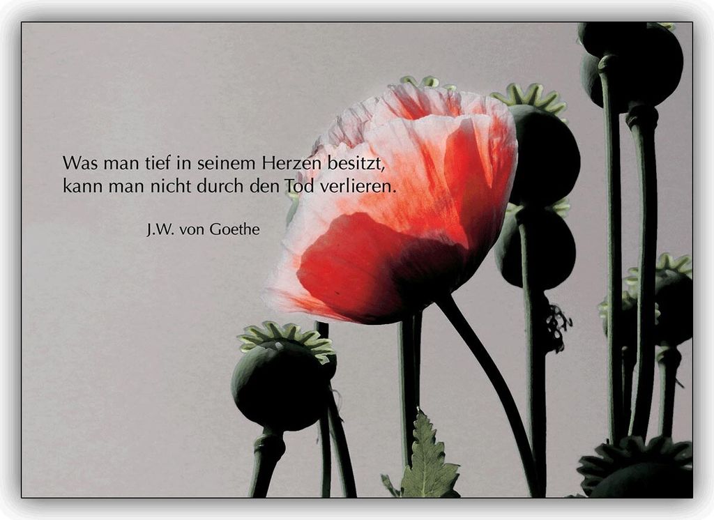 Beistehende, tröstende Trauerkarte: Was man tief in seinem Herzen besitzt, kann man nicht durch den Tod