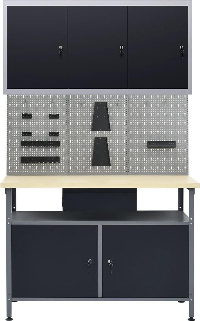 vidaXL Werkbank mit 3 Werkzeugwänden und 1 Wandschrank Produktbild 