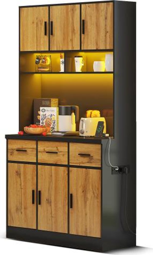 Vitrine Buffet 100x40x180 cm Schwarz LED Beleuchtung Fernbedienung Schubladen Verstellbare Einlegeboeden Kabelfuehrungsloecher Multifunktional Kuechen
