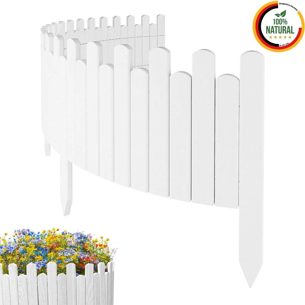 Floranica Rasenkante 200 x 40 cm Weiß Flexible Beeteinfassung aus Holz als Rollborder Palisade Gartenzaun