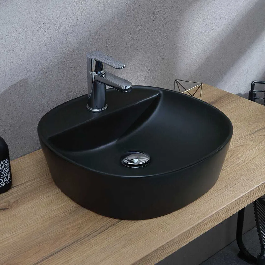 Lavandino Tondo Nero Opaco in Vetroceramica - Lavabo Design 42cm