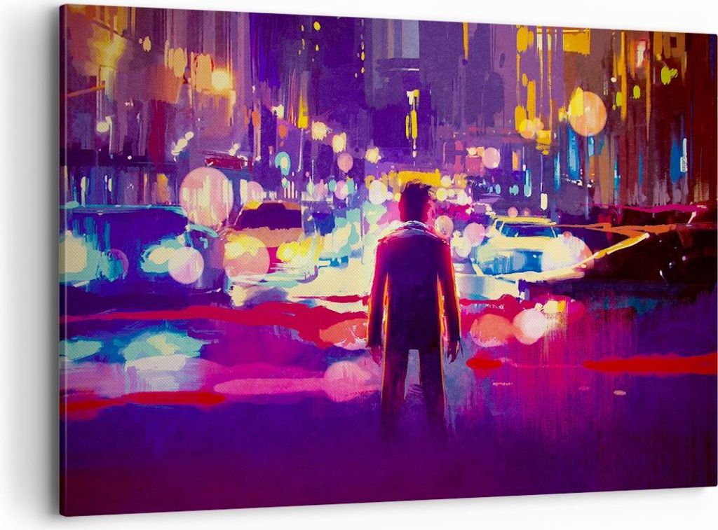 Bild auf Leinwand - Leinwandbild - futuristisch Grafik Stadt Beleuchtung - 100x70cm - Wand Bild - Wanddeko - Leinwanddruck - Bilder - Kunstdruck - ...