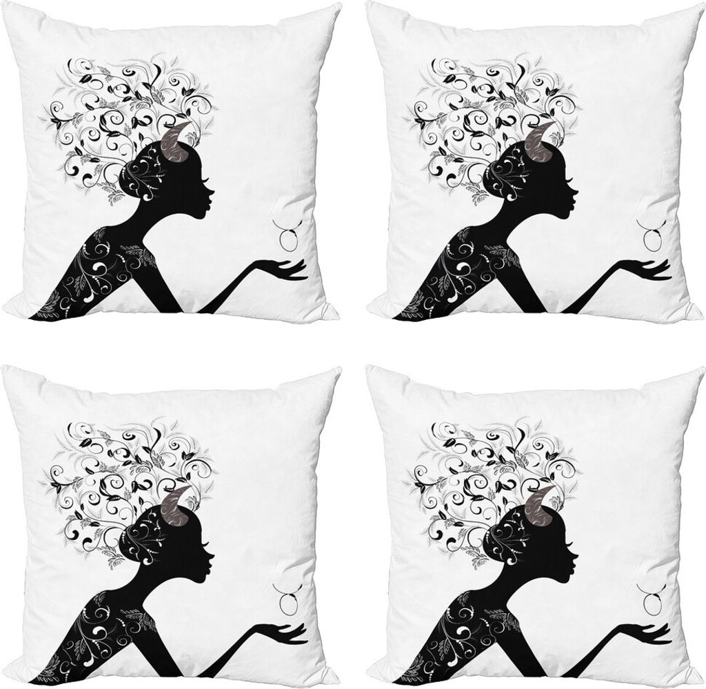 ABAKUHAUS Sternzeichen Stier Kissenbezug Set (4 Stück), Floral Black Girl, Moderner Doppelseitiger Digitaldruck, 50 cm x 50 cm, Schwarz und weiß