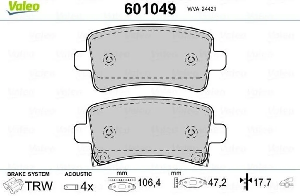 Plaquettes de frein arrière sans bruit Valeo 601049 pour Opel et Malibu