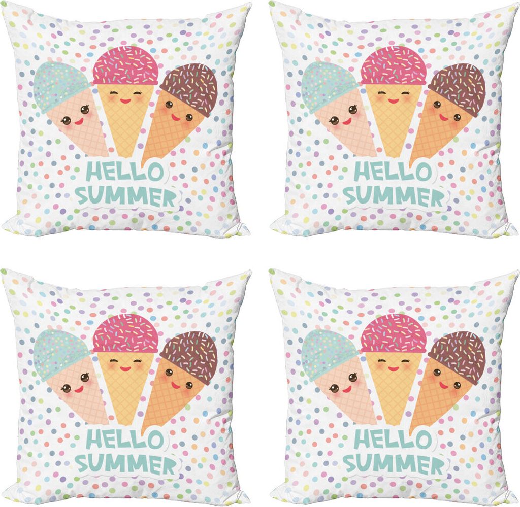 ABAKUHAUS Hallo Sommer Kissenbezug Set (4 Stück), Eistüte mit Punkten, Moderner Doppelseitiger Digitaldruck, 40 cm x 40 cm, Mehrfarbig