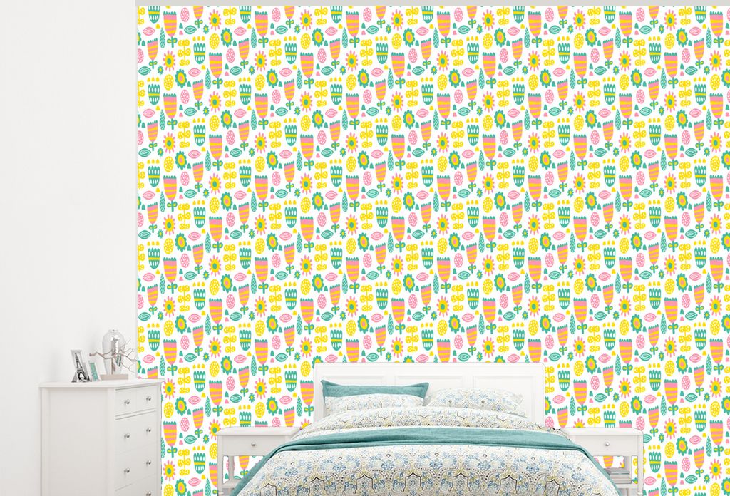 MuchoWow Fototapete für Wohnzimmer oder Schlafzimmer Wandtapete Vinyl Motivtapete Skandinavisch - Blumen - Frühling - Muster - 275x220 cm - Gem...