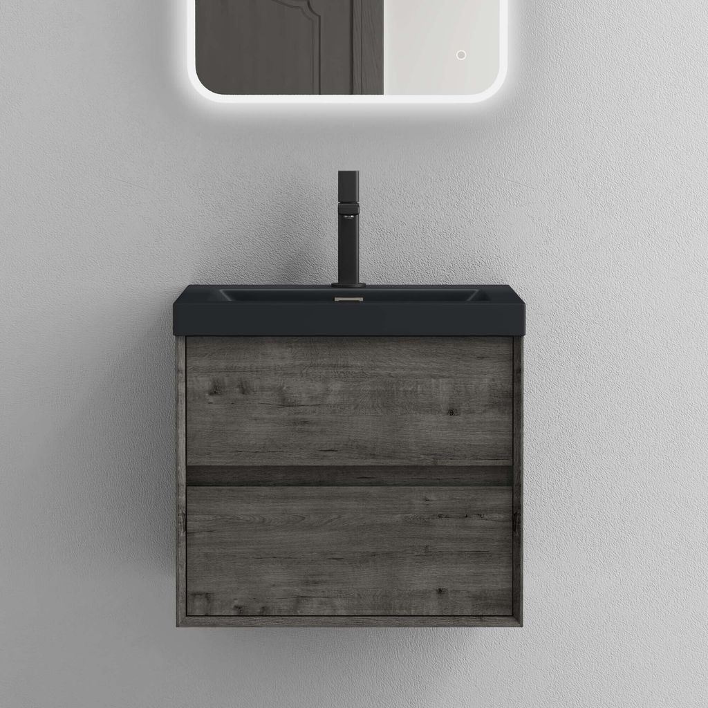 Mai & Mai Badmöbelset Badezimmermöbel Waschbeckenunterschrank 2 Schubladen mit Soft-Close inkl. Anthrazit Waschbecken Eiche Stirling 60 cm Rimo