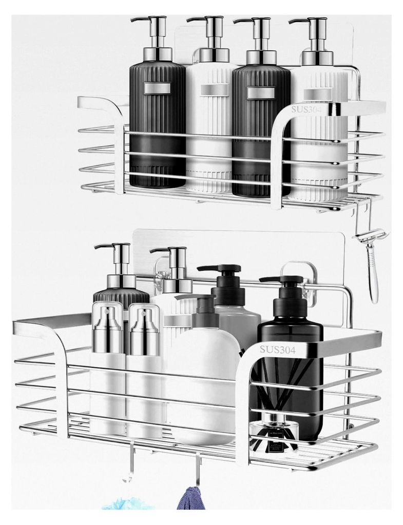 Duschablage ohne Bohren, 2 Stück Badezimmer Organizer, Edelstahl Duschregal mit 4 Haken für Shampoo und Duschgel