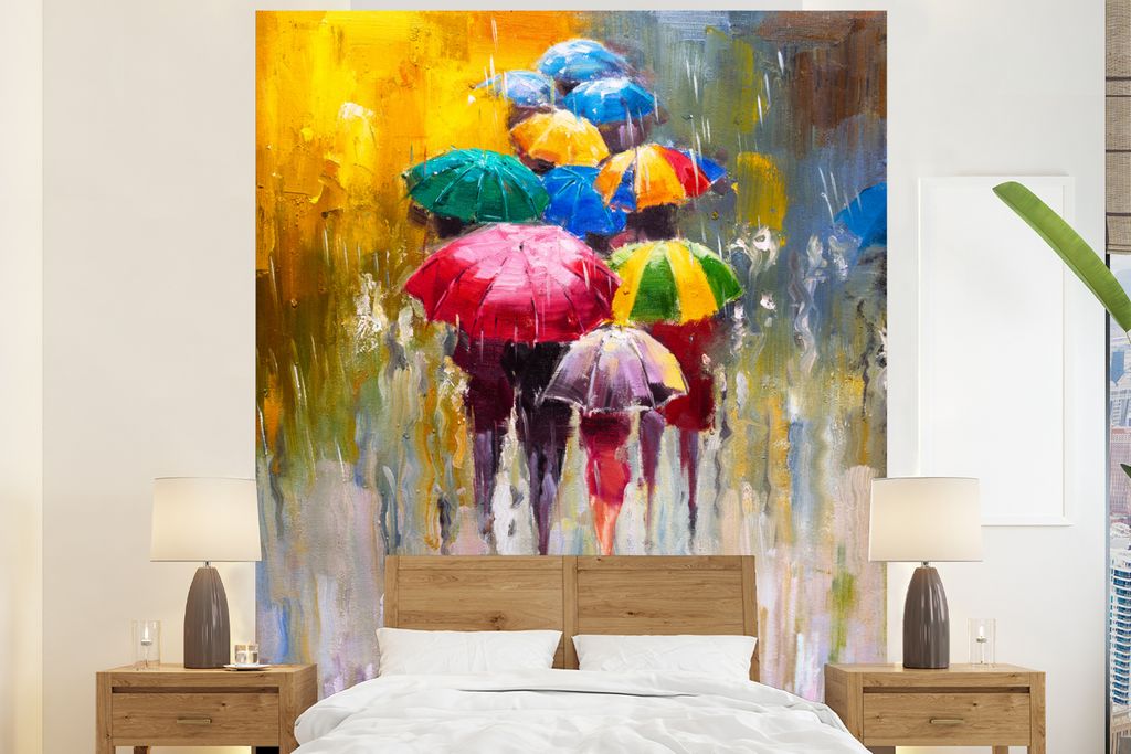 MuchoWow Fototapete für Wohnzimmer oder Schlafzimmer Wandtapete Vinyl Motivtapete Gemälde - Regenschirm - Öl - 195x240 cm - Gemusterte