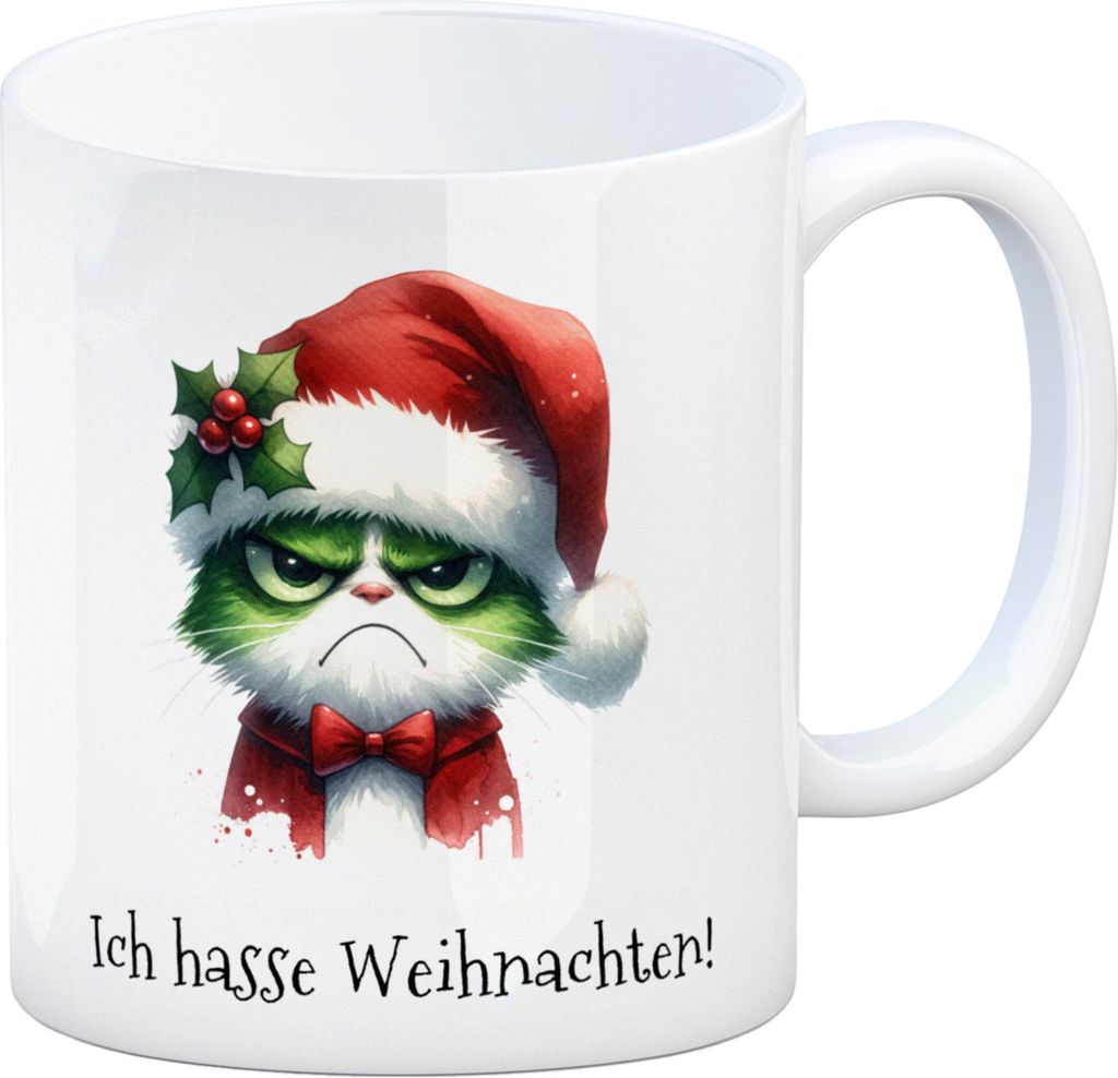 Weihnachtsmuffel-Katze Kaffeebecher und Spruch Ich hasse Weihnachten!