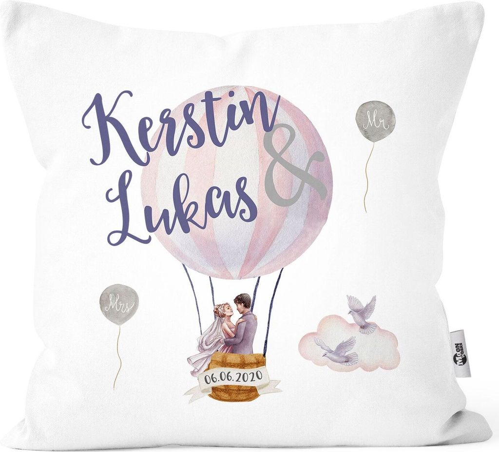 personalisierbare Kissen-Hülle zur Hochzeit, Hochzeitskissen Heißluftballon, Hochzeitsgeschenk Geldgeschenk Kissenhülle mit Schleife Moonworks ...