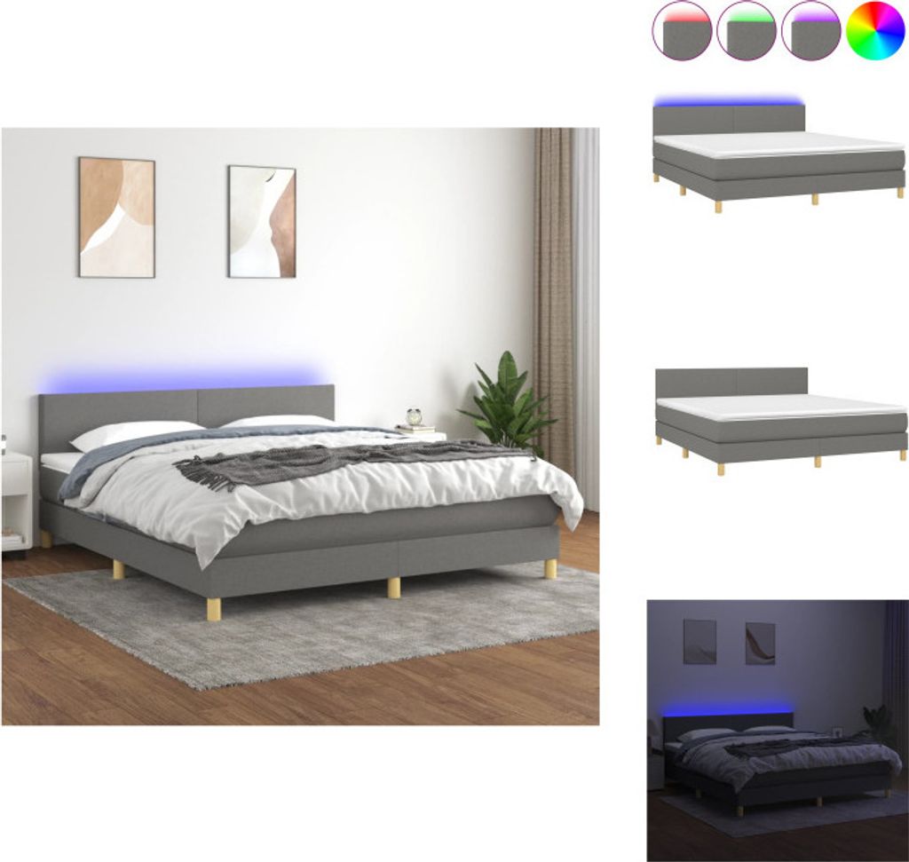vidaXL Boxspringbett mit Matratze & LED Dunkelgrau 180x200 cm Stoff - Betten & Bettgestelle